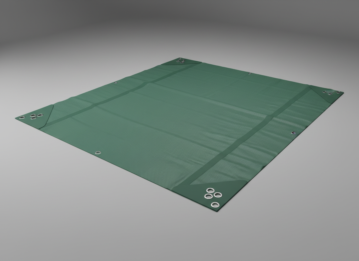 A minimalist product-focused scene of a single, unfolded PVC-free tarpaulin laid out on a smooth, neutral gray studio floor. The material is medium forest green with a very fine weave pattern and subtle matte finish, clearly showing reinforced corners, welded seams, and heavy-duty metal eyelets. Soft, diffused studio lighting from both sides eliminates harsh shadows and reveals surface details and craftsmanship. Captured from a slightly elevated, three-quarter angle with clean framing and ample negative space, the image feels precise and technical, ideal for a product page. The mood is professional and trustworthy, emphasizing material quality, construction details, and modern, eco-conscious design through photographic realism.