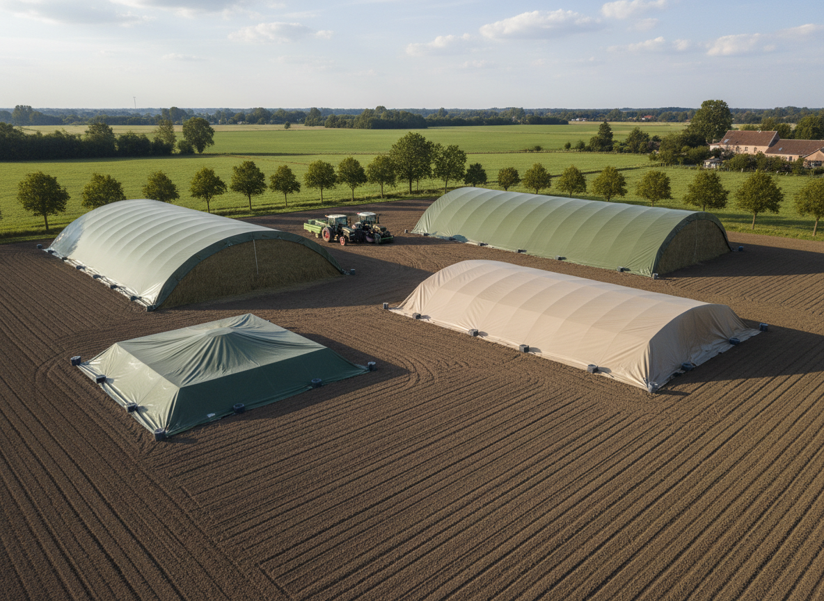 A bird’s-eye, overhead view of a small agricultural plot where several rectangular PVC-free tarpaulins in muted green and sand tones protect stacks of hay, machinery, and a compost area. The tarps lie smooth and precisely anchored, with neat folds and reinforced edges visible, contrasting against the rich brown soil and patterned crop rows. Soft, diffused late-morning sunlight creates gentle shadows along the tarp edges and highlights the orderly layout of the farm space. Photographic realism with sharp focus across the frame, conveying a sense of responsible land stewardship, efficient storage, and long-term weather protection in a calm, natural rural setting.