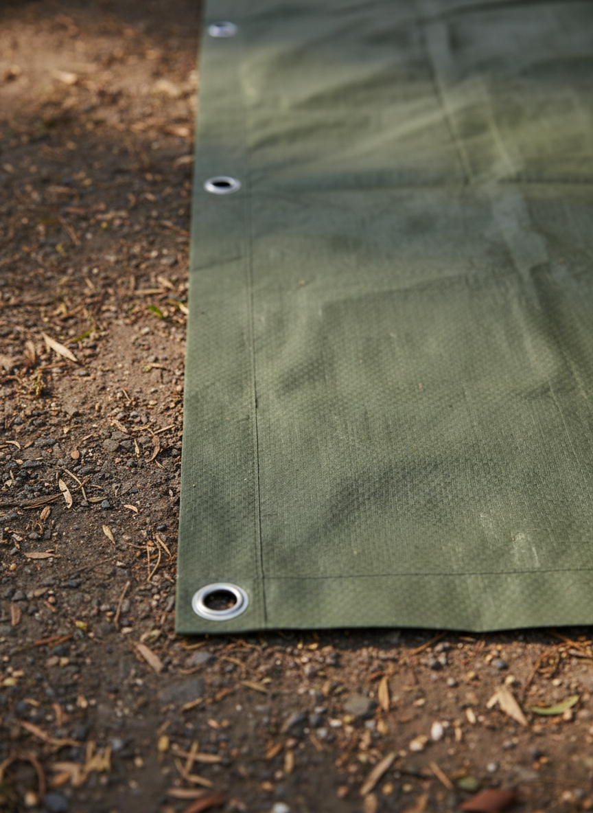 A close-up, detailed shot of a single PVC-free polypropylene tarpaulin laid flat on a natural surface. The material shows a fine woven texture, reinforced edges, and heavy-duty metal eyelets. Soft diffused natural light from the side. Earthy, minimal, eco-conscious mood. Photographic realism, no branding or text.