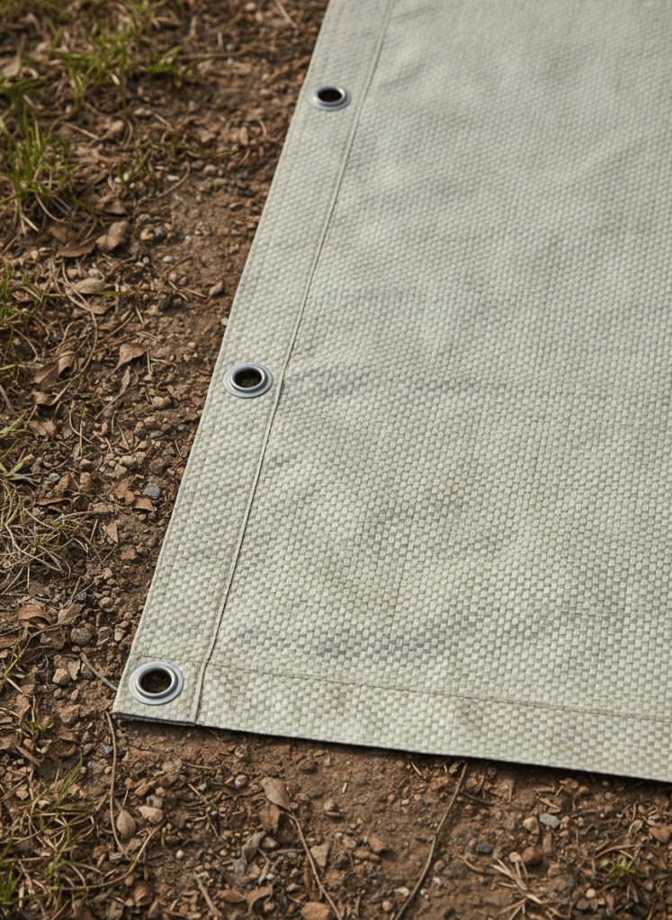A close-up, detailed shot of a single PVC-free polypropylene tarpaulin laid flat on a natural surface. The material shows a fine woven texture, reinforced edges, and heavy-duty metal eyelets. Soft diffused natural light from the side. Earthy, minimal, eco-conscious mood. Photographic realism, no branding or text.
