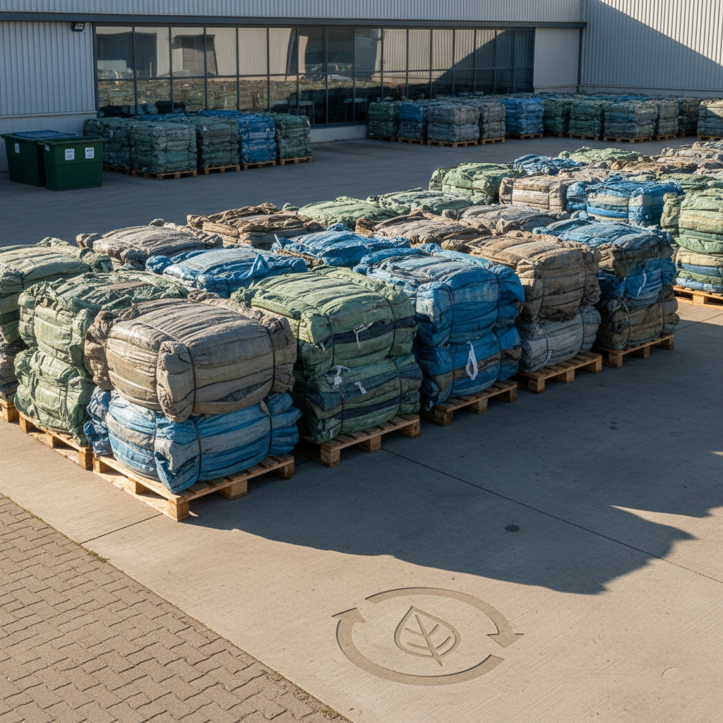 An outdoor recycling and sustainability scene: used polypropylene tarpaulins neatly folded and stacked on wooden pallets, ready for collection. A clean, organised industrial yard with soft daylight. Conveys circular economy, responsible material recovery. Earthy tones, no branding or text. Photographic realism.